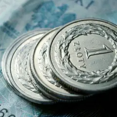 Stos monet jednozłotowych na tle banknotu.