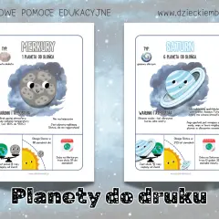 Karty pracy kosmos: Merkury i Saturn. Urocze planety z informacjami o ich atmosferze, odległości od Słońca i czasie obiegu.