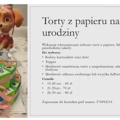 Dwupoziomowy tort z papieru z postaciami z Psiego Patrolu i napisem "Oliwia 5 lat".