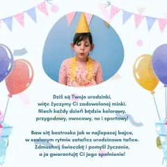 Dziewczynka zdmuchuje świeczki na torcie, otoczona balonami i prezentami. Idealne wierszyki urodzinowe dla dzieci.