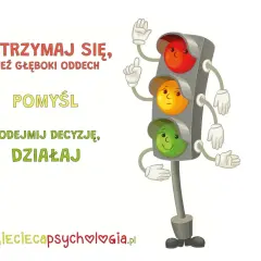 Wesoły sygnalizator świetlny z rączkami i nóżkami, zachęca do zatrzymania się, wzięcia oddechu, pomyślenia i działania. Nie bądź **atencjusz**, pomyśl!