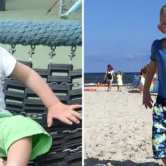 Chłopiec w okularach na placu zabaw i na plaży, jakby śpiewał piosenkę dla niemowlaka.