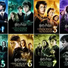 Plakaty filmów Harry Potter części po kolei: Kamień Filozoficzny, Komnata Tajemnic, Więzień Azkabanu, Czara Ognia, Zakon Feniksa, Książę Półkrwi, Insygnia Śmierci cz. 1 i 2.