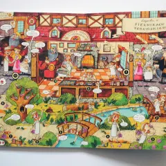 Ilustracja przedstawia scenę z legendy o piernikach toruńskich. Królowa i królewicz w pracowni piernikarskiej, otoczeni przez pomocników i zwierzęta.