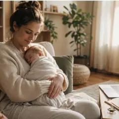 Młoda mama tuli śpiące dziecko. Na stoliku obok laptop i kubek herbaty. To idealny moment na chwilę dla siebie, nawet gdy zastanawiasz się, kosiniakowe dla kogo.