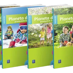 Cztery okładki książek "Planeta dzieci" z wesołymi dziećmi w różnym wieku, w tym dziecko 5 lat, bawiącymi się na tle przyrody.