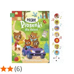 Okładka książki "Polskie Piosenki dla dzieci" z misiami w samochodzie i ślimakiem. Znajdziesz tu teksty ulubionych piosenek.