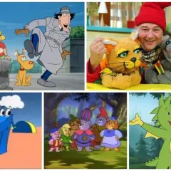 Kompilacja postaci z kultowych, **starych bajek dla dzieci**: Inspektor Gadżet, Misiowate, Smok, cyferka 1 i kukiełki.