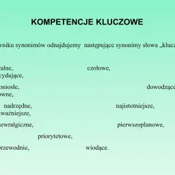 Tytuł "KOMPETENCJE KLUCZOWE" i lista synonimów słowa "kluczowe": centralne, decydujące, doniosłe, główne, nadrzędne, najważniejsze, newralgiczne, czołowe, dowodzące, najistotniejsze, pierwszoplanowe, priorytetowe, przewodnie, wiodące.