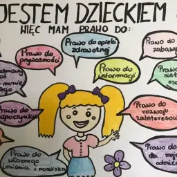 Obrazek z okazji Dzień Praw Dziecka. Uśmiechnięta dziewczynka otoczona dymkami z jej prawami: do nauki, zabawy, szacunku, prywatności i wielu innych.