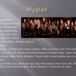 Grupa krasnoludów z Hobbita, każdy z charakterystyczną brodą i strojem, gotowa na przygodę.