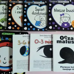 Książeczki kontrastowe dla niemowlaka: "Świat wokół", "Zwierzęta i gwiazdy", "Świat dzidziusia", "Nasze buzie", "Cześć, maluszku", "3-6 miesięcy", "0-3 miesięcy", "Oczami maluszka".