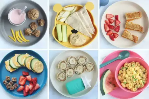 Sześć talerzy z propozycjami na szybki obiad dla dzieci: muffinki, kanapki, owoce, warzywa i makaron.