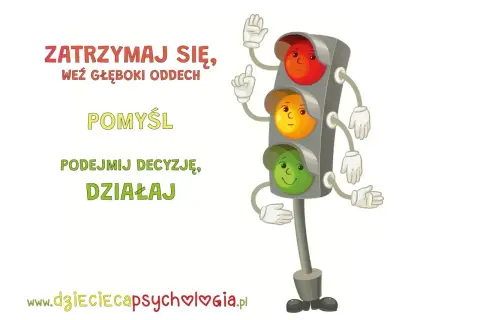 Wesoły sygnalizator świetlny z rączkami i nóżkami, zachęca do zatrzymania się, wzięcia oddechu, pomyślenia i działania. Nie bądź **atencjusz**, pomyśl!
