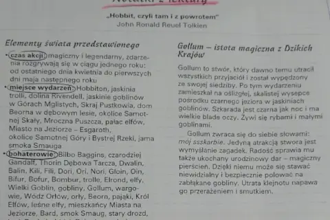Notatki z lektury "Hobbit, czyli tam i z powrotem". Bohaterowie, miejsca i czas akcji. Gollum - istota magiczna z Dzikich Krajów.