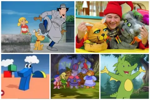 Kompilacja postaci z kultowych, **starych bajek dla dzieci**: Inspektor Gadżet, Misiowate, Smok, cyferka 1 i kukiełki.