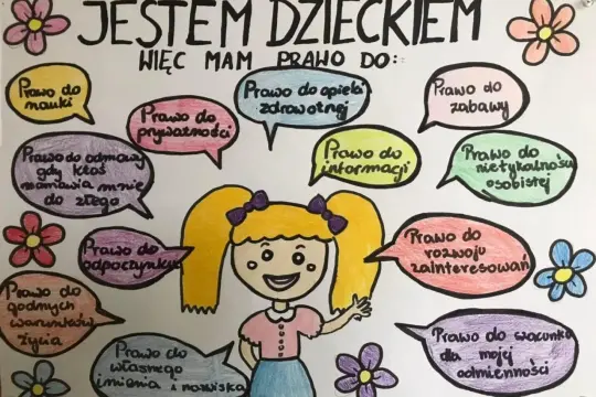 Obrazek z okazji Dzień Praw Dziecka. Uśmiechnięta dziewczynka otoczona dymkami z jej prawami: do nauki, zabawy, szacunku, prywatności i wielu innych.