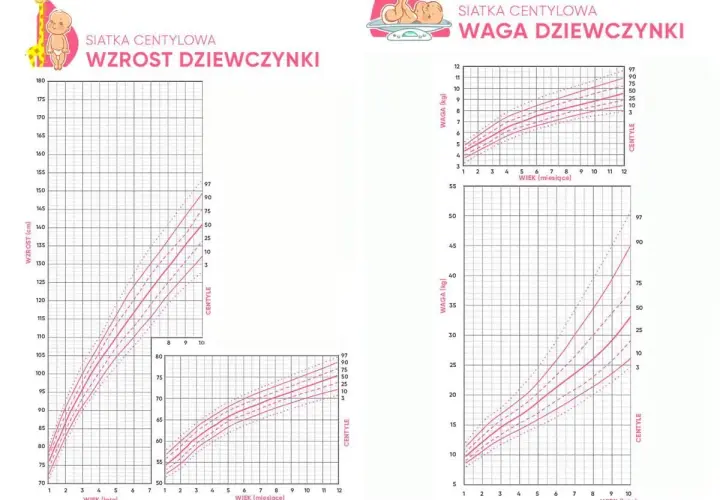 Wykresy siatek centylowych dla dziewczynek: wzrost i waga. Pokazują normy rozwoju, np. wzrost 4 latka.