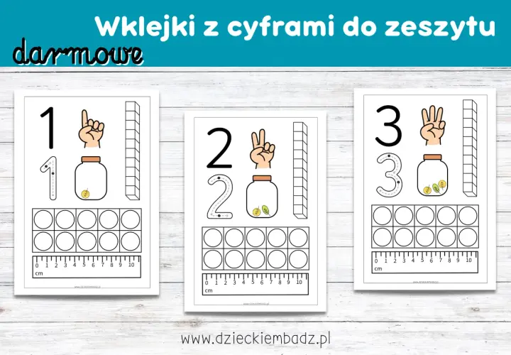Darmowe naklejki z cyframi do zeszytu: karty pracy z cyframi 1, 2, 3, do nauki liczenia i pisania.