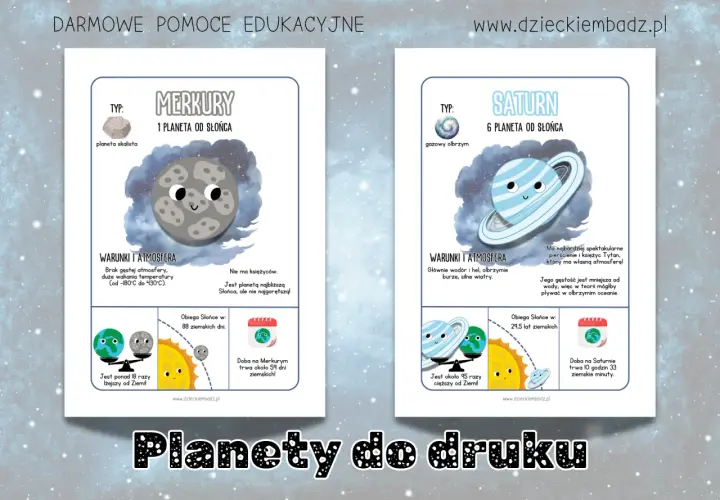 Karty pracy kosmos: Merkury i Saturn. Urocze planety z informacjami o ich atmosferze, odległości od Słońca i czasie obiegu.