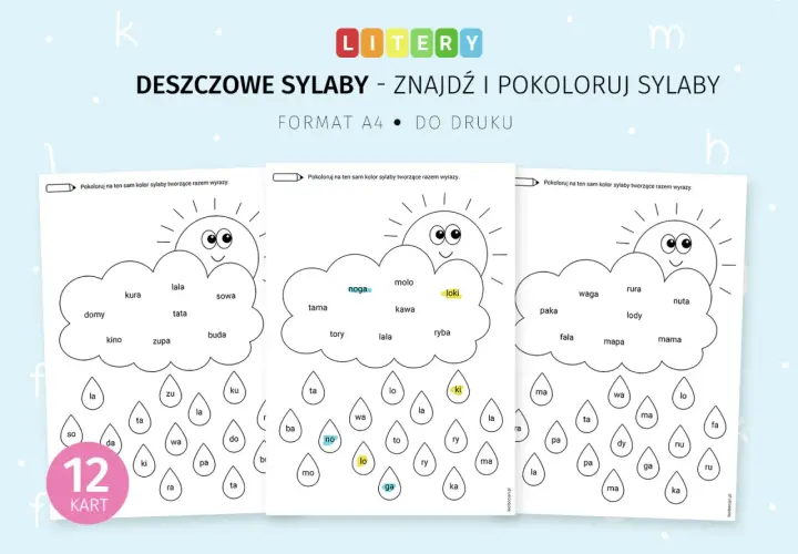 Karty pracy "Deszczowe sylaby" do nauki czytania. Dzieci kolorują sylaby tworzące wyrazy, ćwicząc litery.