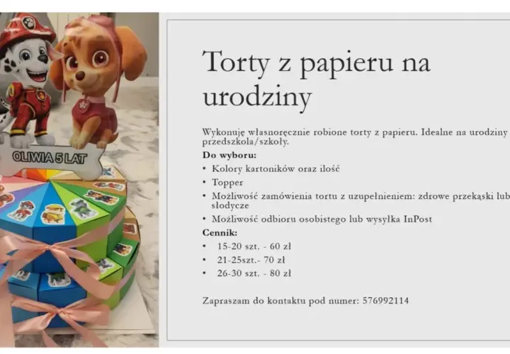 Dwupoziomowy tort z papieru z postaciami z Psiego Patrolu i napisem "Oliwia 5 lat".