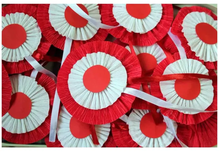 Mnóstwo biało-czerwonych kotylionów z papieru, gotowych na patriotyczne okazje.