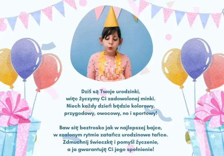Dziewczynka zdmuchuje świeczki na torcie, otoczona balonami i prezentami. Idealne wierszyki urodzinowe dla dzieci.