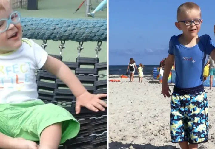 Chłopiec w okularach na placu zabaw i na plaży, jakby śpiewał piosenkę dla niemowlaka.