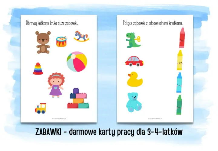 Zabawki – darmowe karty pracy dla 3-latka do wydrukowania. Na kartach są rysunki zabawek: miś, bębenek, konik na biegunach, piłka, lalka, klocki, pociąg, dinozaur, autko, kaczuszka, miś i kredki.
