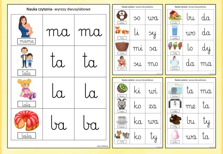 Karty pracy sylaby do druku: mama, tata, lala, baba, sowa, lisy, misa, sumo, buda, woda, lody, dama, kiwi, koza, kawa, koty, tama, meta, buty, wata.