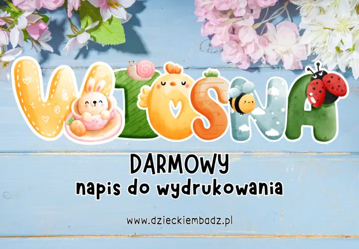 Urocze, wiosenne kwiaty i zwierzątka zdobią napis "WIOSNA" – idealne kwiaty wiosenne do wycinania, darmowe do druku.