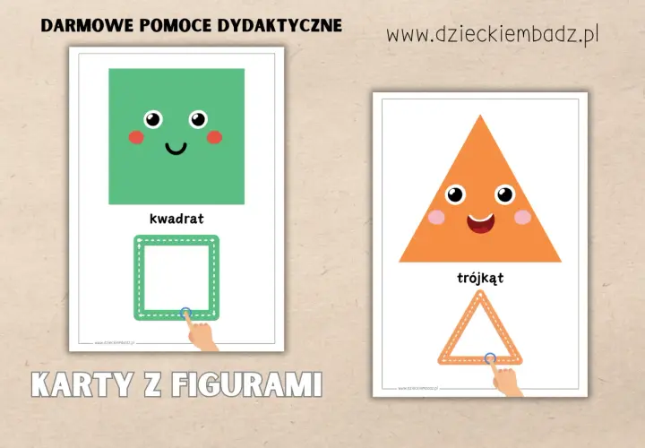 Obrazki z figur geometrycznych do druku: wesoły kwadrat i trójkąt zachęcają do nauki kształtów.
