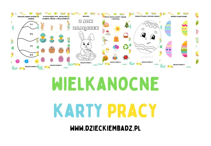 Wielkanocne karty pracy: kolorowanki z zajączkiem, pisanki, zadania matematyczne i obrazkowe.