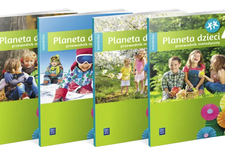 Cztery okładki książek "Planeta dzieci" z wesołymi dziećmi w różnym wieku, w tym dziecko 5 lat, bawiącymi się na tle przyrody.