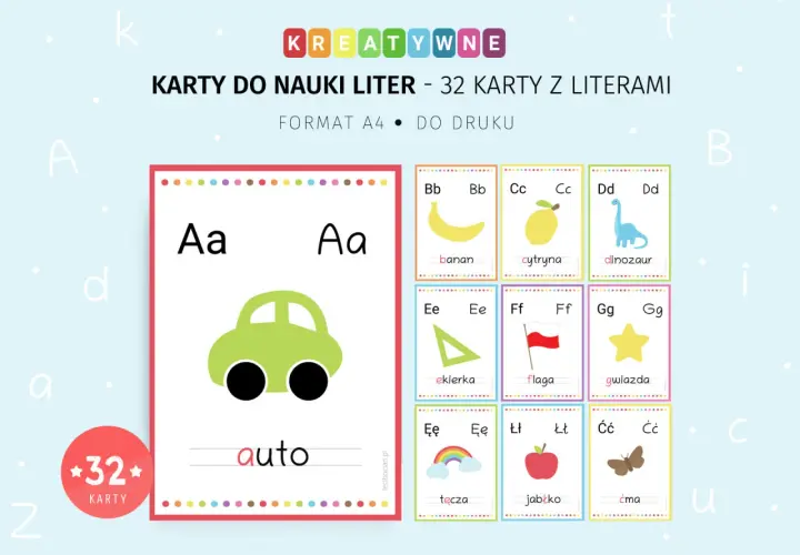 Kreatywne karty do nauki liter z obrazkami: auto, banan, cytryna, dinozaur, ekierka, flaga, gwiazda, tęcza, jabłko, ćma.