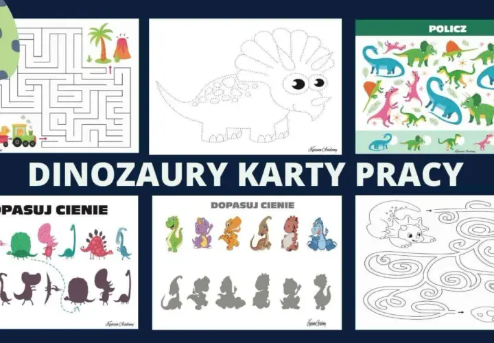 Zestaw kart pracy z dinozaurami: labirynty, dopasowywanie cieni, liczenie i rysowanie po kropkach.