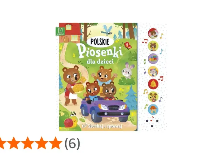 Okładka książki "Polskie Piosenki dla dzieci" z misiami w samochodzie i ślimakiem. Znajdziesz tu teksty ulubionych piosenek.
