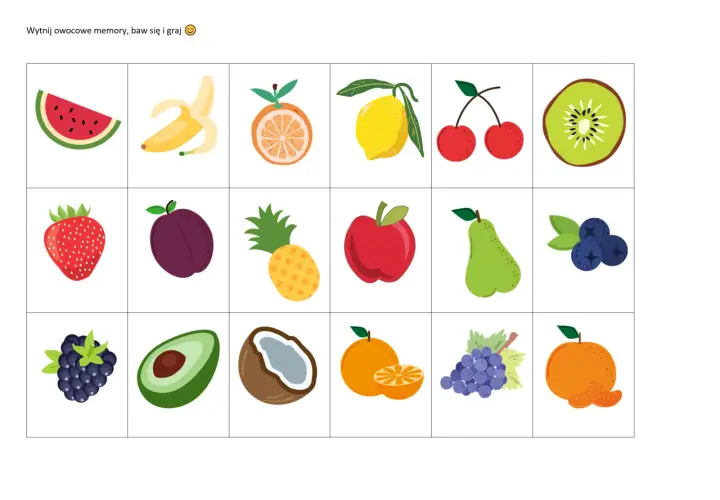 Szablon wycinanki do druku z owocami: arbuz, banan, pomarańcza, cytryna, wiśnie, kiwi, truskawka, śliwka, ananas, jabłko, gruszka, borówki, jeżyna, awokado, kokos, mandarynka, winogrona.