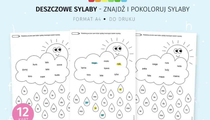 Karty pracy "Deszczowe sylaby" do nauki czytania. Dzieci kolorują sylaby tworzące wyrazy, ćwicząc litery.