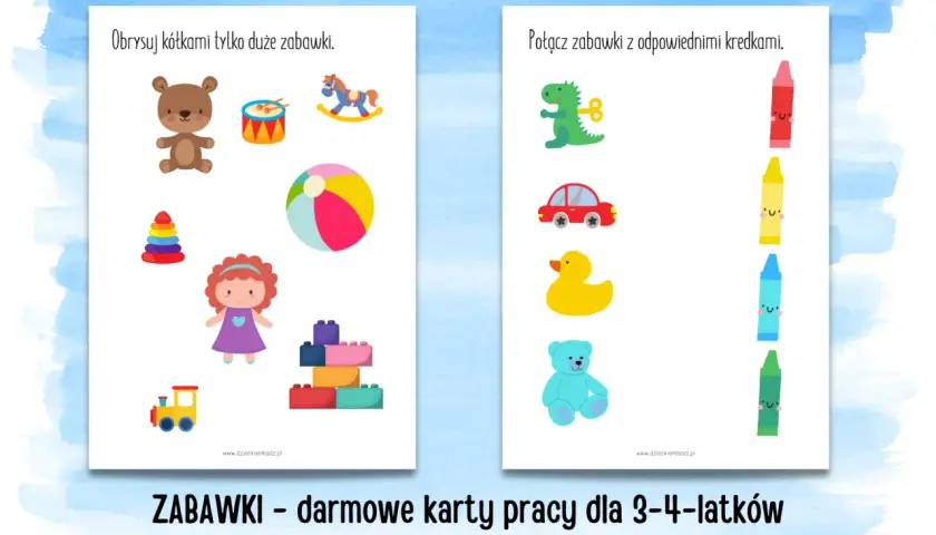 Zabawki – darmowe karty pracy dla 3-latka do wydrukowania. Na kartach są rysunki zabawek: miś, bębenek, konik na biegunach, piłka, lalka, klocki, pociąg, dinozaur, autko, kaczuszka, miś i kredki.