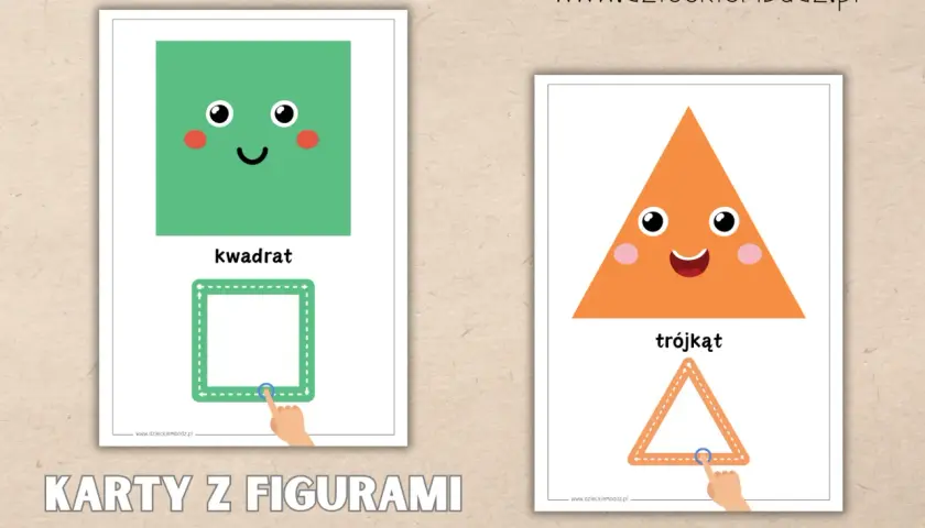 Obrazki z figur geometrycznych do druku: wesoły kwadrat i trójkąt zachęcają do nauki kształtów.