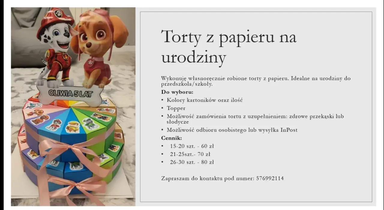 Dwupoziomowy tort z papieru z postaciami z Psiego Patrolu i napisem "Oliwia 5 lat".
