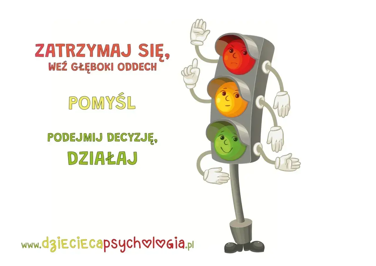 Wesoły sygnalizator świetlny z rączkami i nóżkami, zachęca do zatrzymania się, wzięcia oddechu, pomyślenia i działania. Nie bądź **atencjusz**, pomyśl!