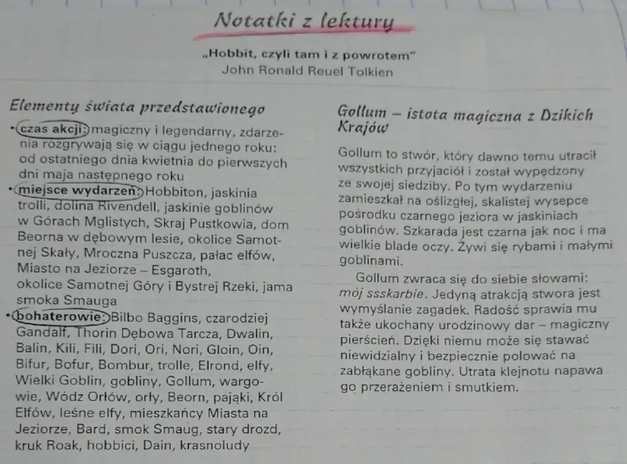 Notatki z lektury "Hobbit, czyli tam i z powrotem". Bohaterowie, miejsca i czas akcji. Gollum - istota magiczna z Dzikich Krajów.