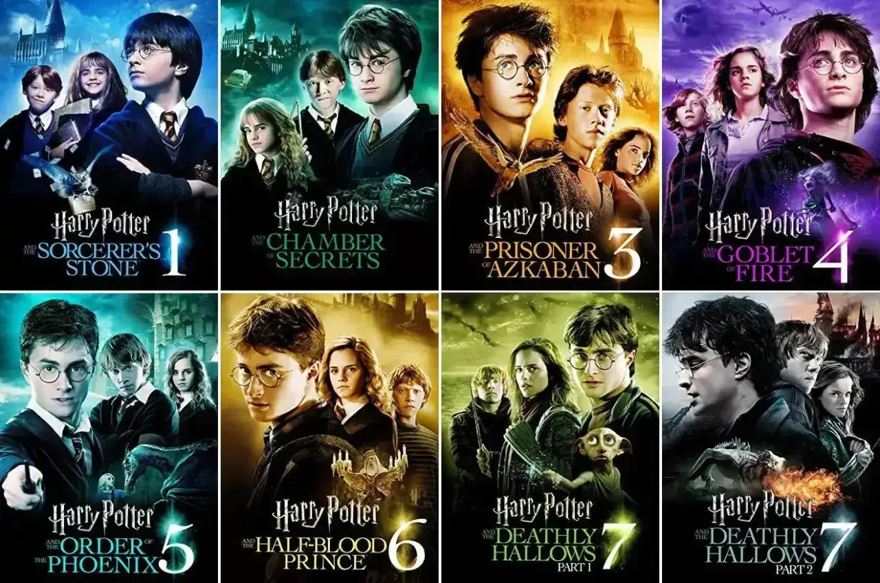 Plakaty filmów Harry Potter części po kolei: Kamień Filozoficzny, Komnata Tajemnic, Więzień Azkabanu, Czara Ognia, Zakon Feniksa, Książę Półkrwi, Insygnia Śmierci cz. 1 i 2.