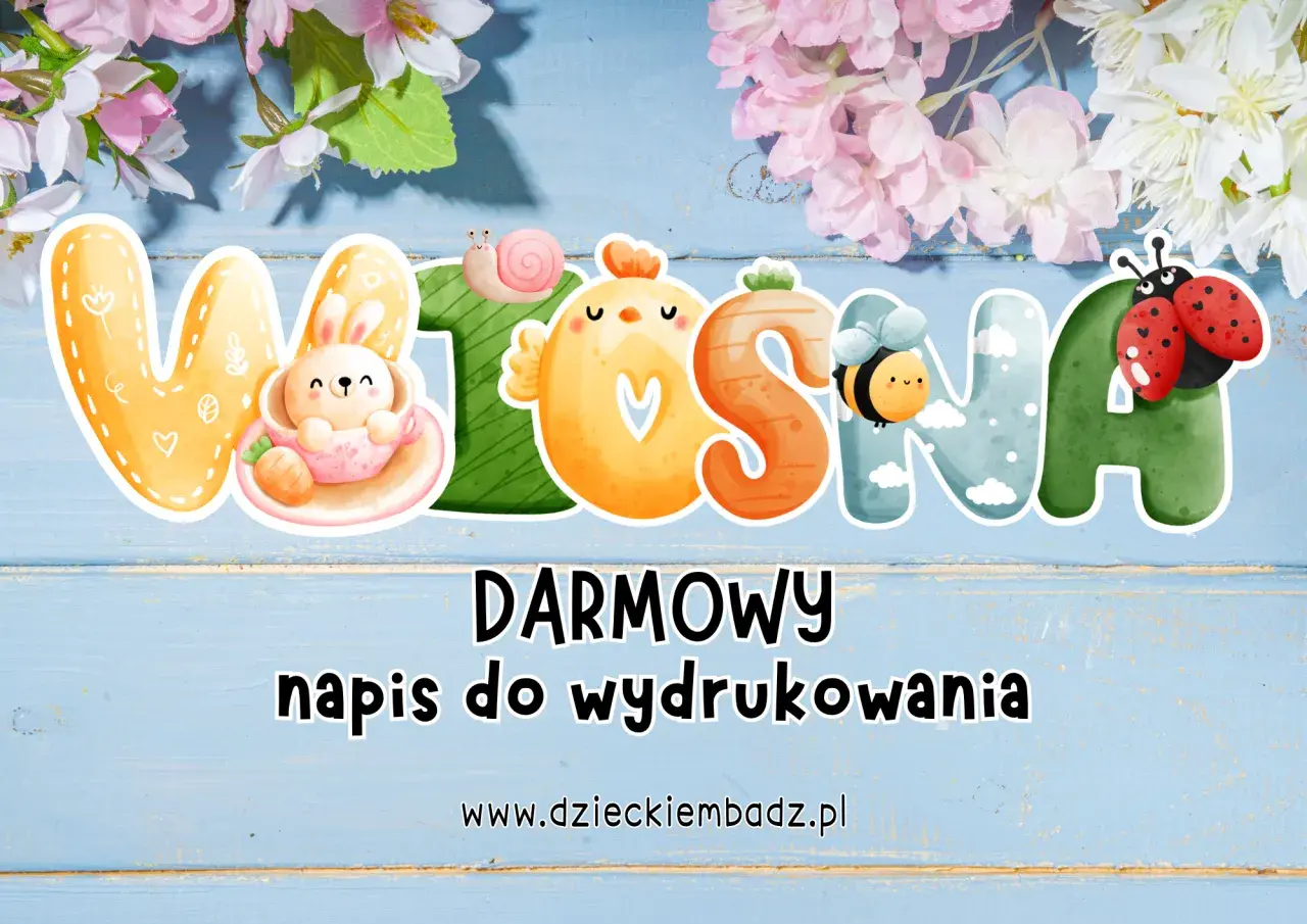 Urocze, wiosenne kwiaty i zwierzątka zdobią napis "WIOSNA" – idealne kwiaty wiosenne do wycinania, darmowe do druku.