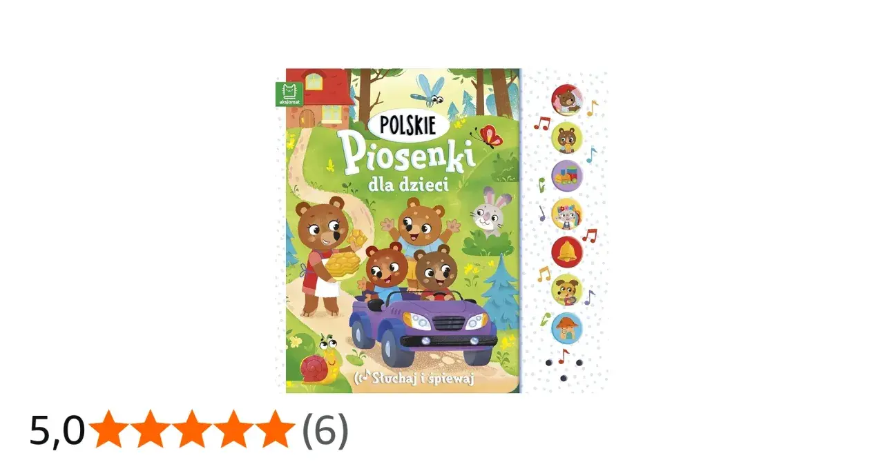 Okładka książki "Polskie Piosenki dla dzieci" z misiami w samochodzie i ślimakiem. Znajdziesz tu teksty ulubionych piosenek.
