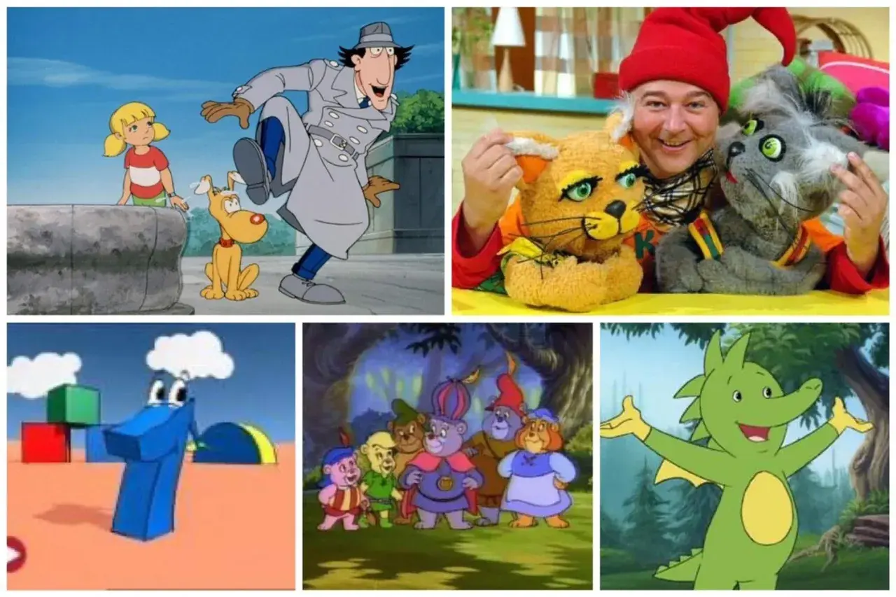 Kompilacja postaci z kultowych, **starych bajek dla dzieci**: Inspektor Gadżet, Misiowate, Smok, cyferka 1 i kukiełki.