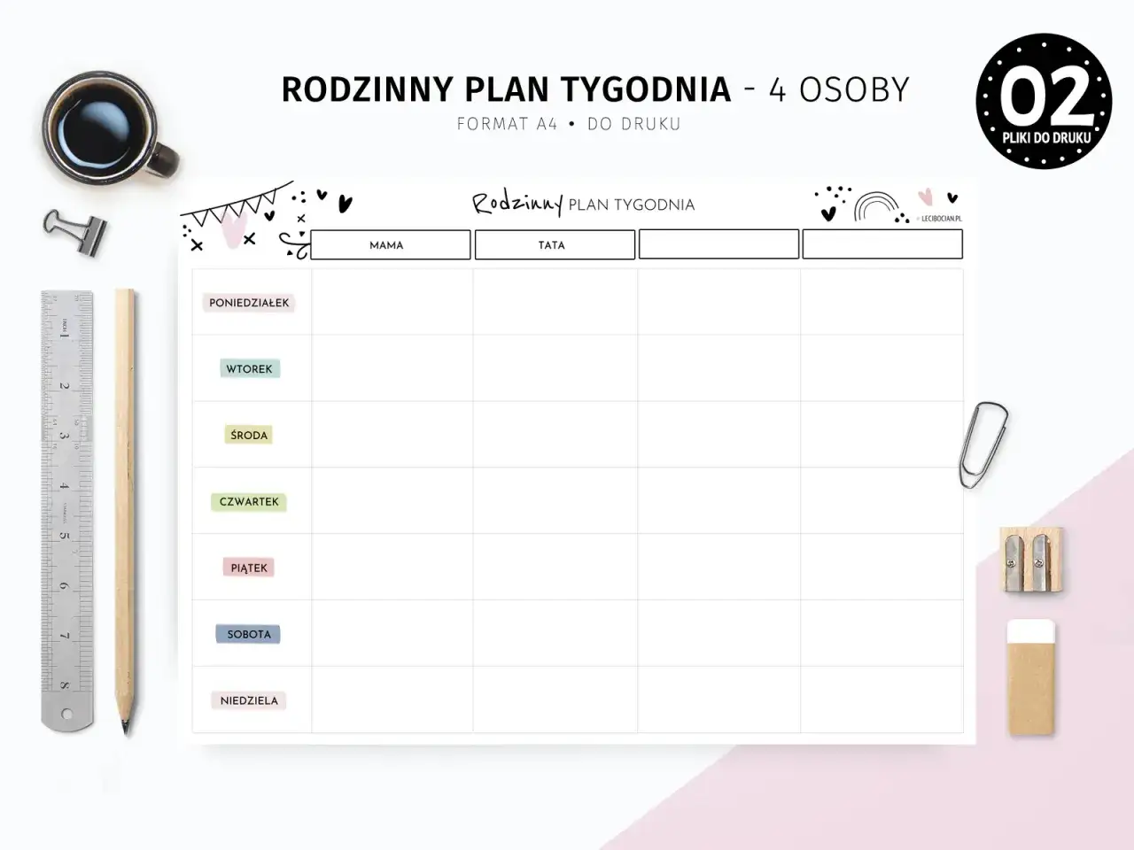 Rodzinny planer tygodniowy dla dzieci do druku, z miejscem na wpisanie zadań dla mamy, taty i pozostałych członków rodziny.